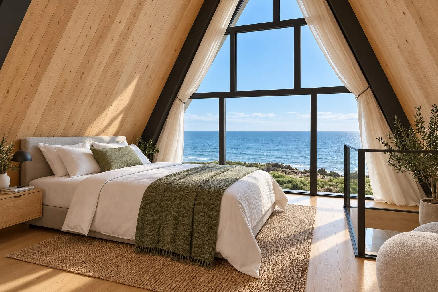 AIIA Axis, maison modulaire en A de 65 m² : chambre sous la verrière, rendu 3D