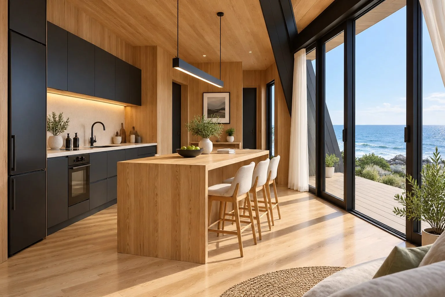 AIIA Axis, maison modulaire en A de 65 m² : cuisine, rendu 3D