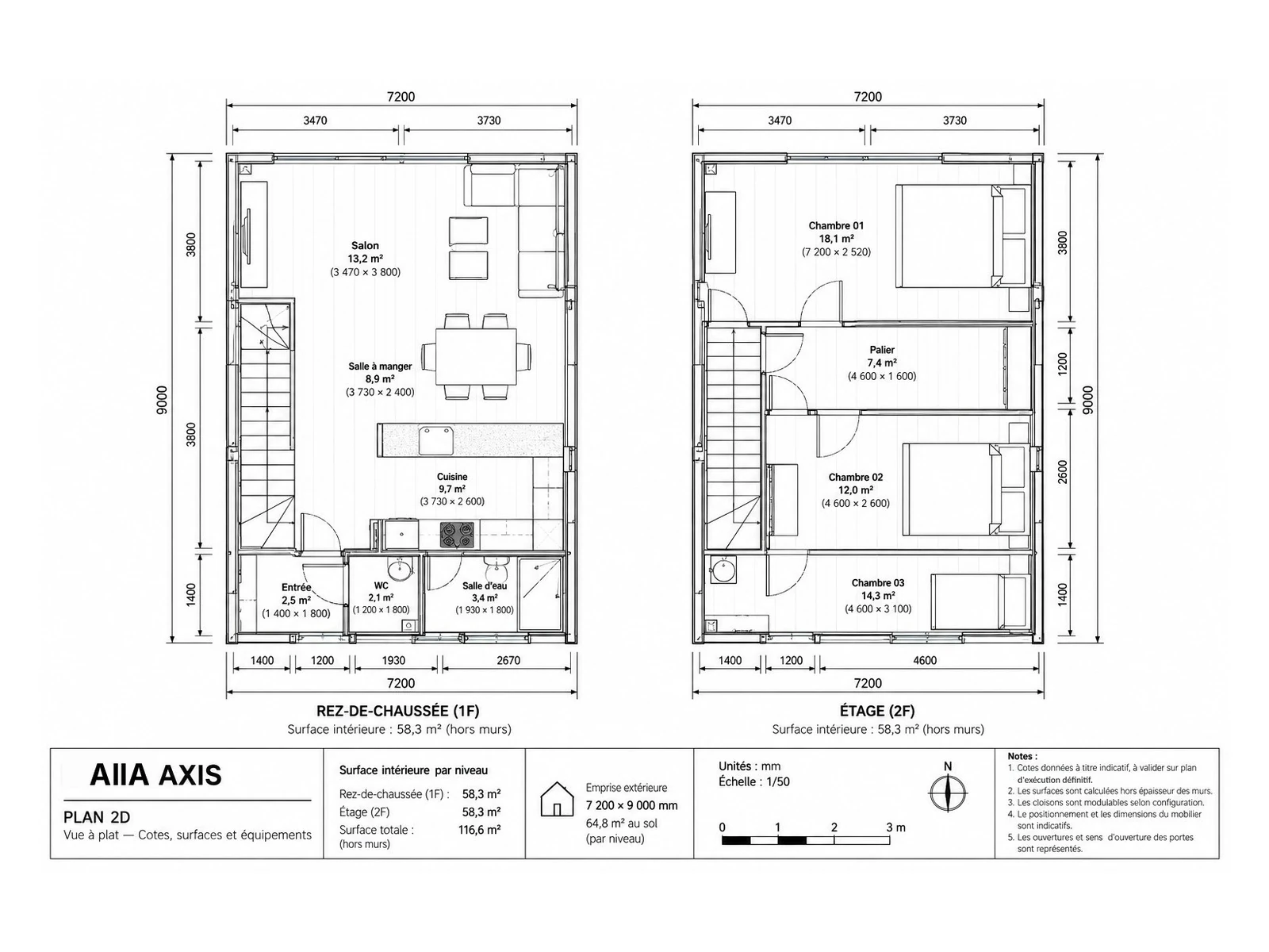 AIIA Axis, maison modulaire en A de 65 m² : plan 2D coté