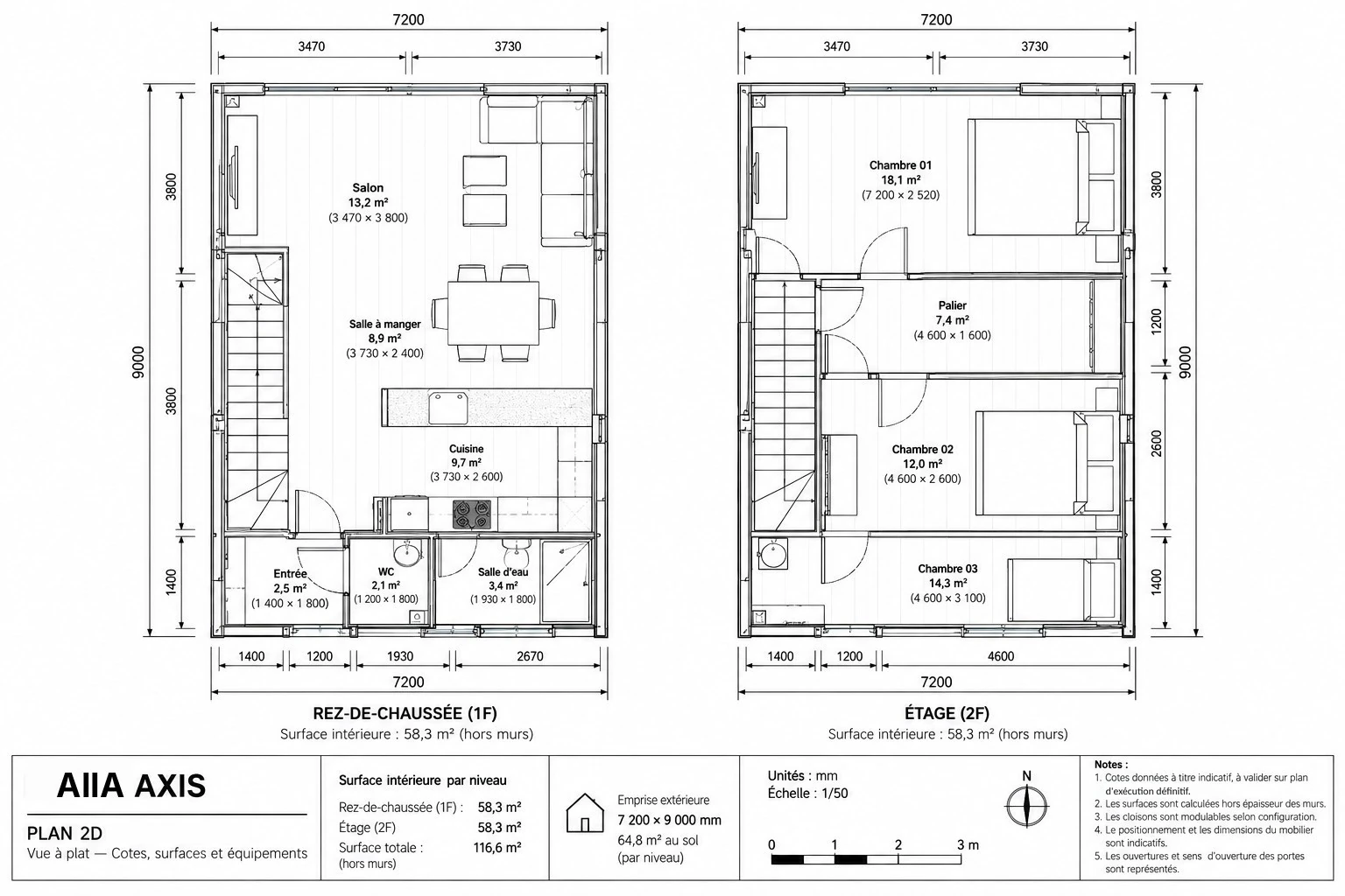 AIIA Axis, maison modulaire en A de 65 m² : plan 2D coté, rez-de-chaussée et étage