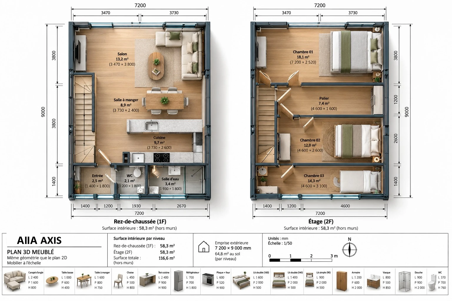 AIIA Axis, maison modulaire en A de 65 m² : plan 3D meublé, rez-de-chaussée et étage