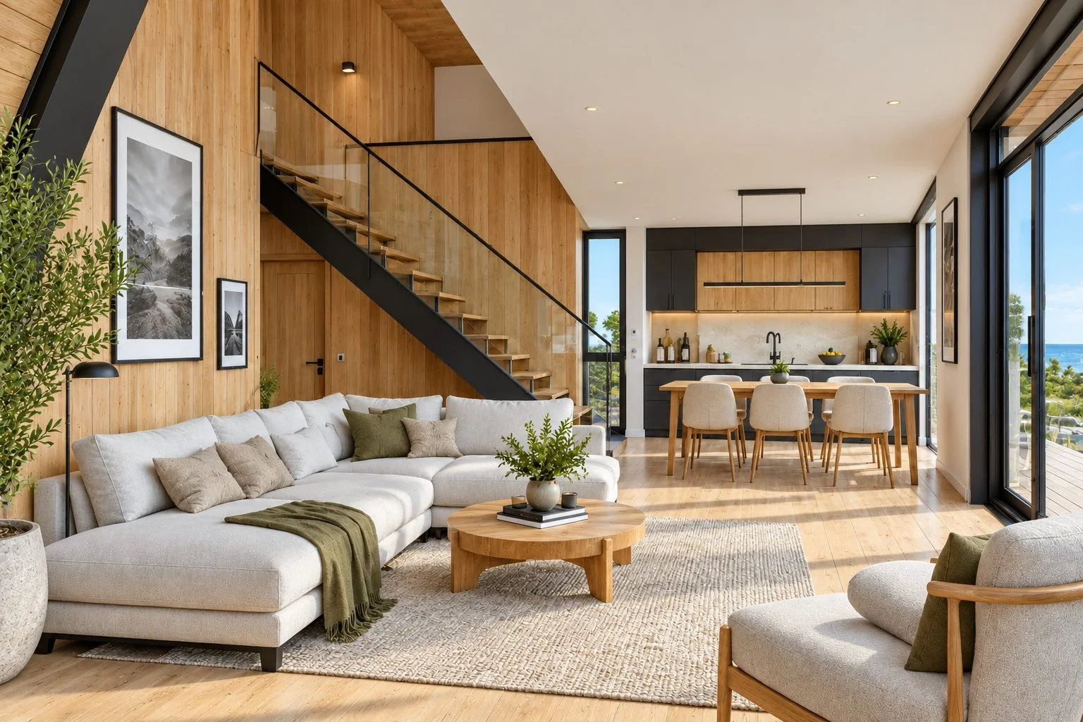 AIIA Axis, maison modulaire en A de 65 m² : séjour et escalier, rendu 3D