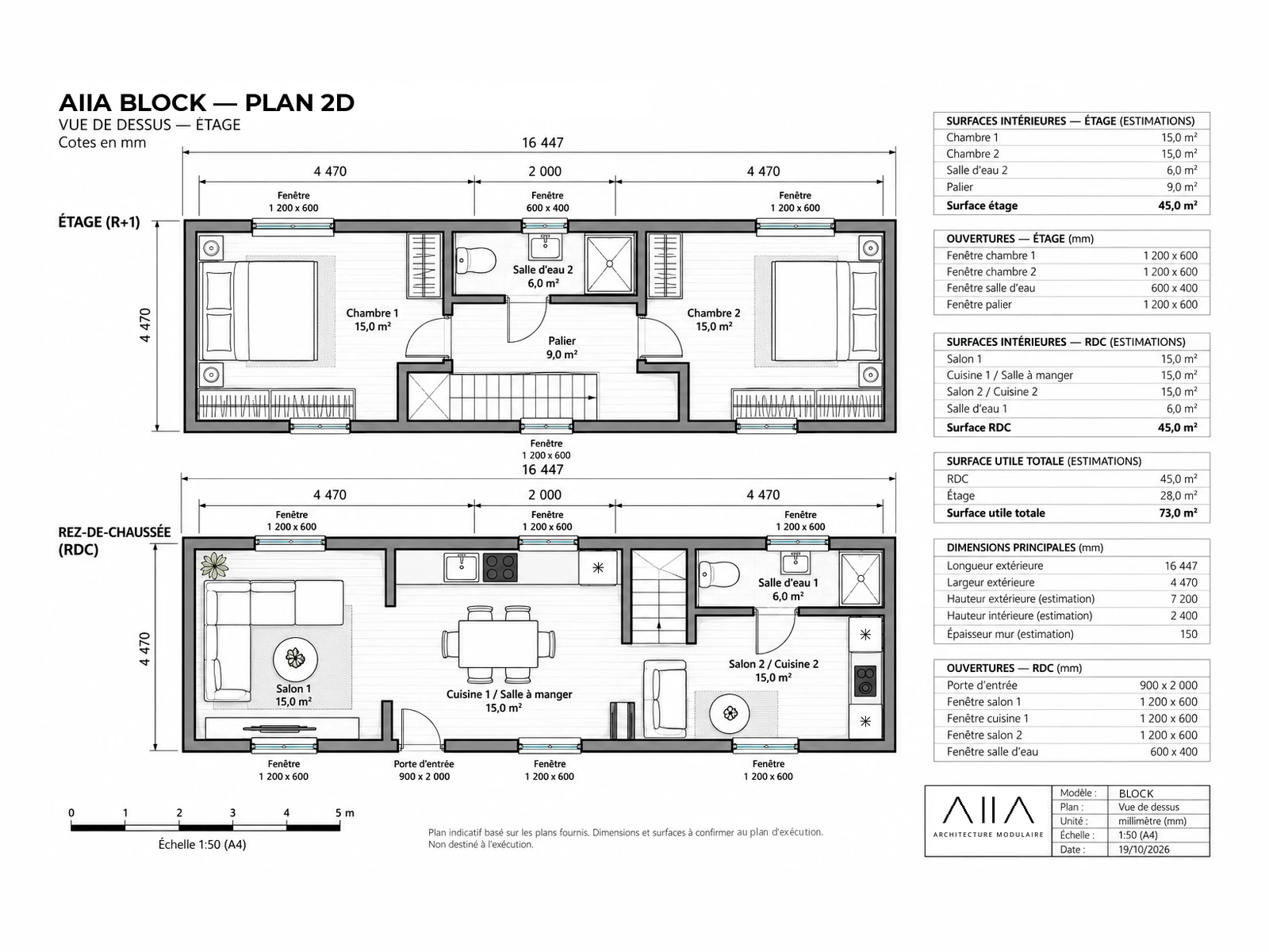 AIIA Block, maison modulaire de 73 m² : plan 2D coté avec les surfaces
