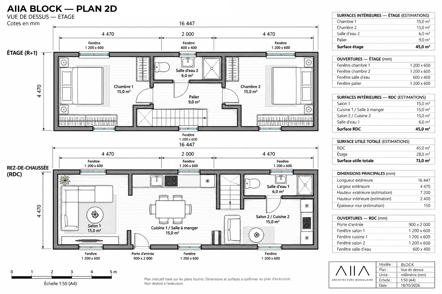 AIIA Block, maison modulaire de 73 m² : plan 2D coté avec les surfaces