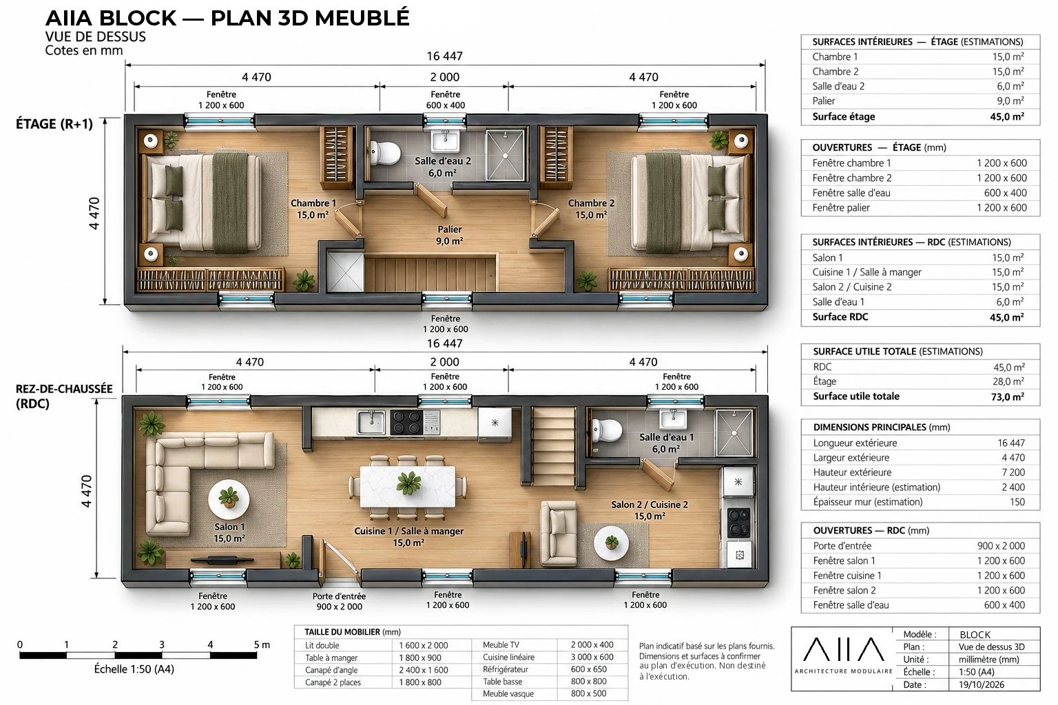 AIIA Block, maison modulaire de 73 m² : plan 3D meublé, vue de dessus