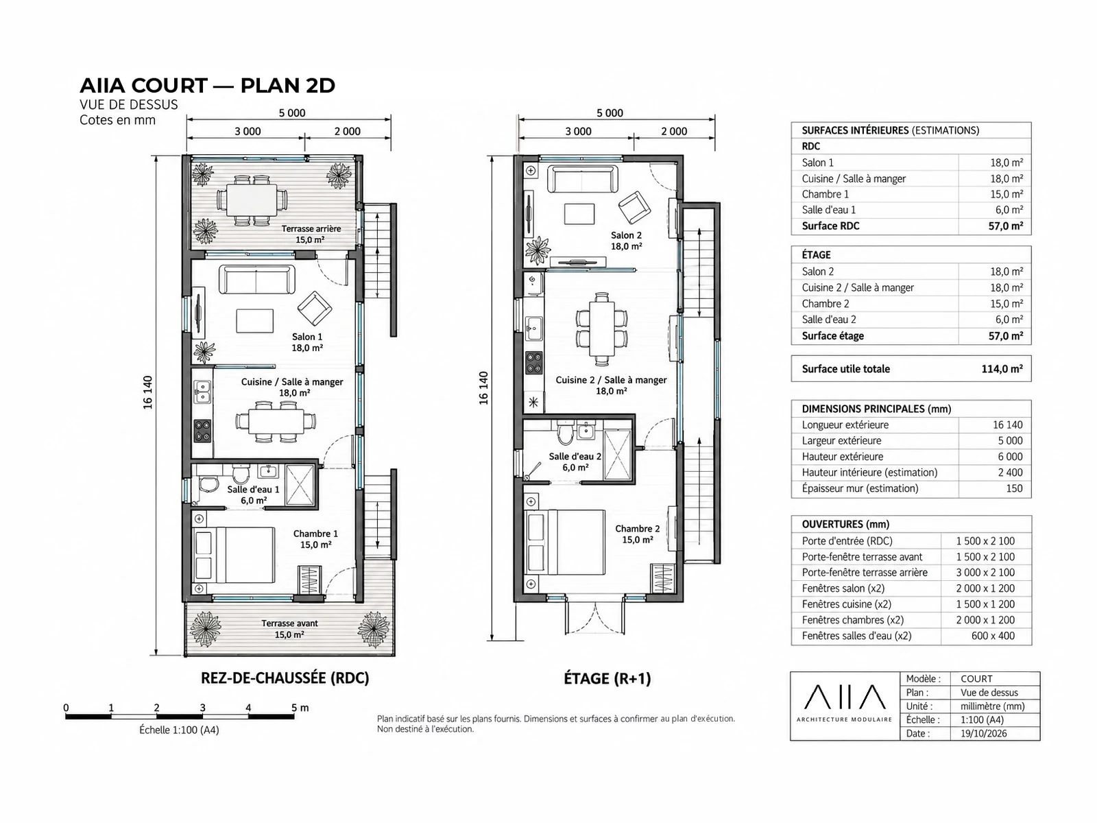 AIIA Court, maison modulaire de 160 m² : plan 2D coté avec les surfaces