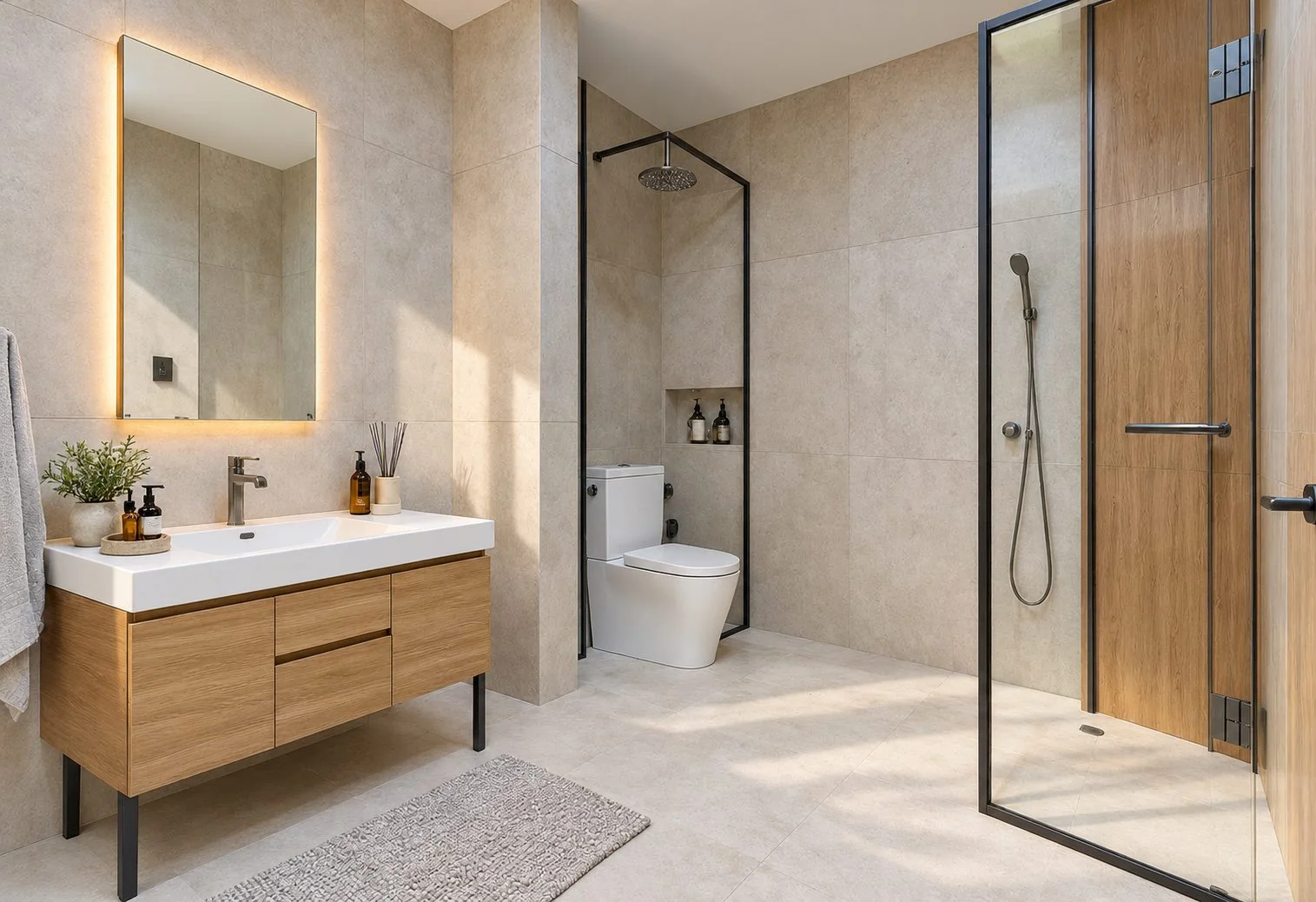 AIIA Court, maison modulaire de 160 m² : salle de bain, rendu 3D