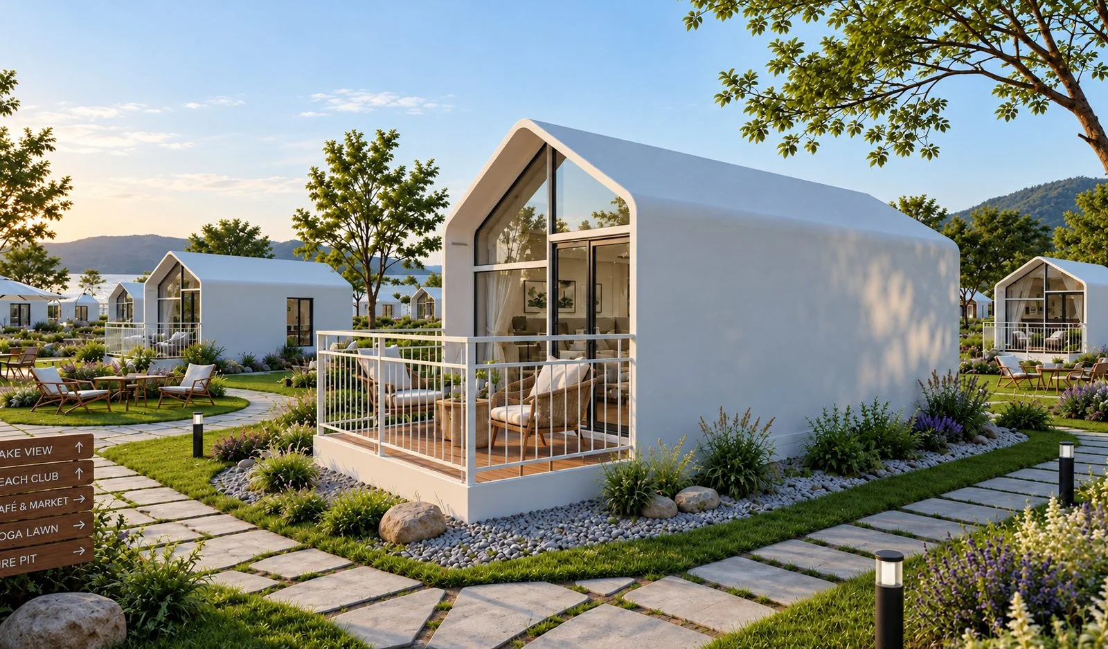 AIIA Fold, tiny house de 21 m² : tiny house au bardage blanc et toit à pans coupés