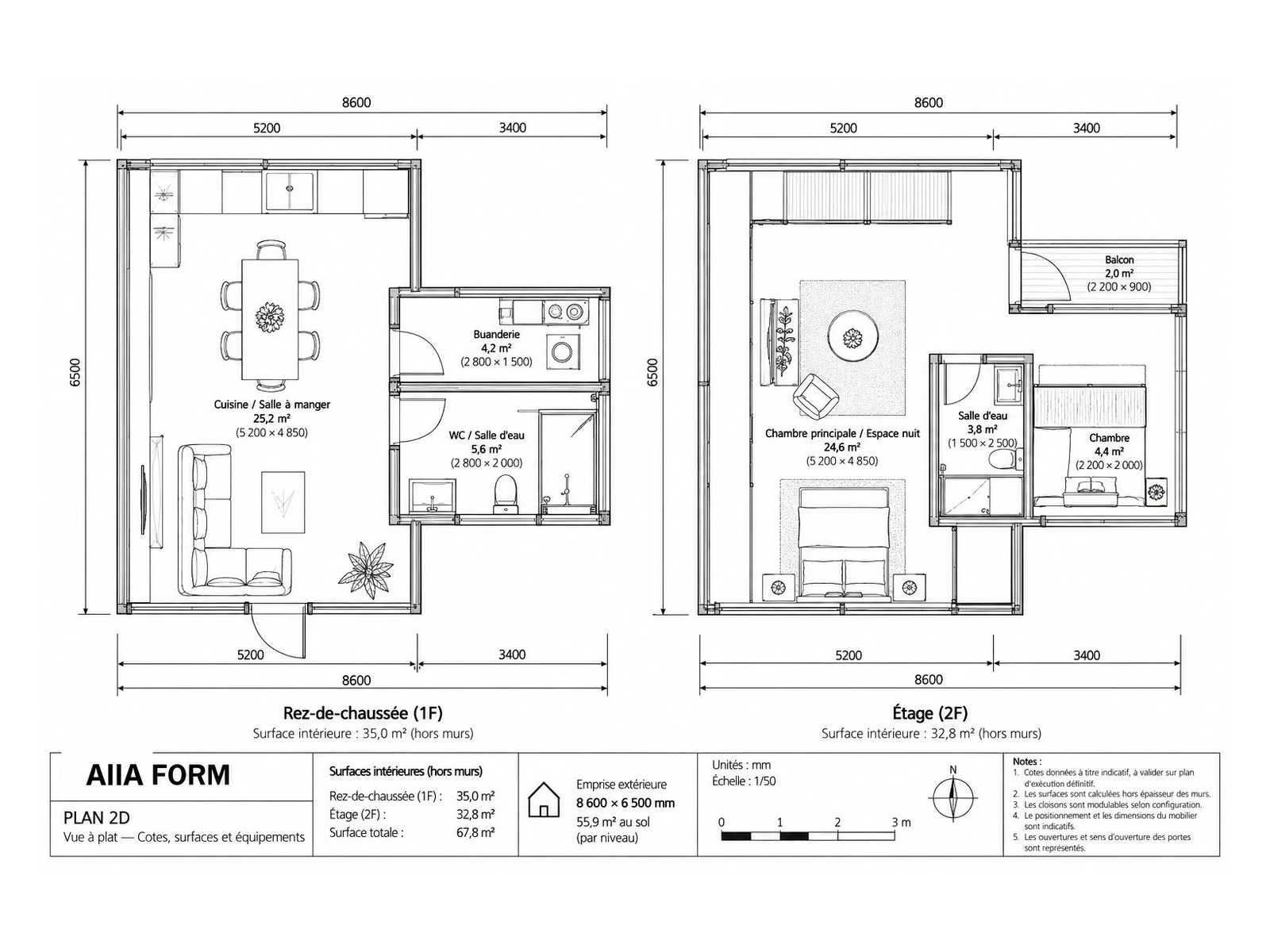 AIIA Form, maison modulaire de 78 m² : plan 2D coté avec les surfaces