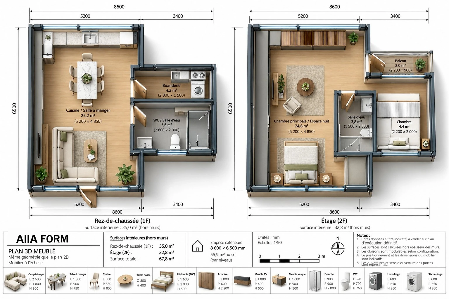 AIIA Form, maison modulaire de 78 m² : plan 3D meublé, vue de dessus