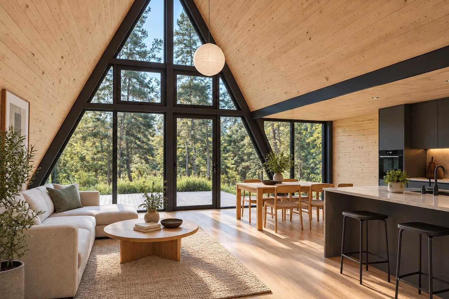 AIIA Form, maison modulaire de 78 m² : séjour sous la charpente, rendu 3D