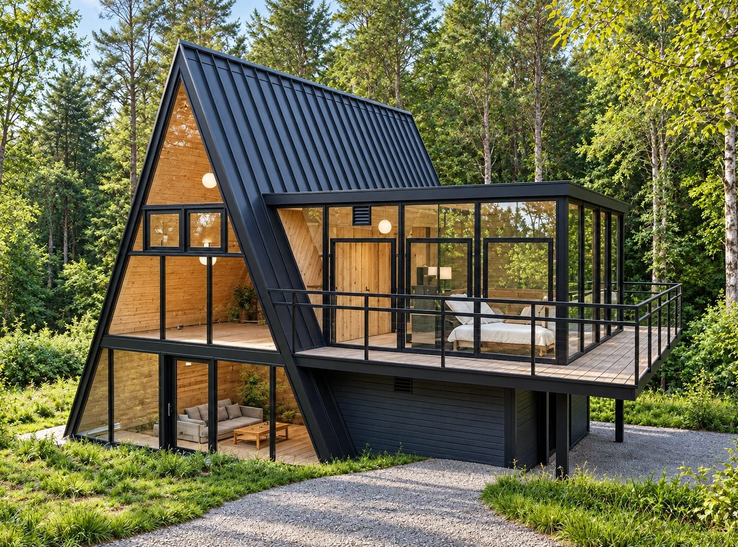 AIIA Form, maison modulaire de 78 m² : maison modulaire en A noire avec grande terrasse vitrée, en forêt