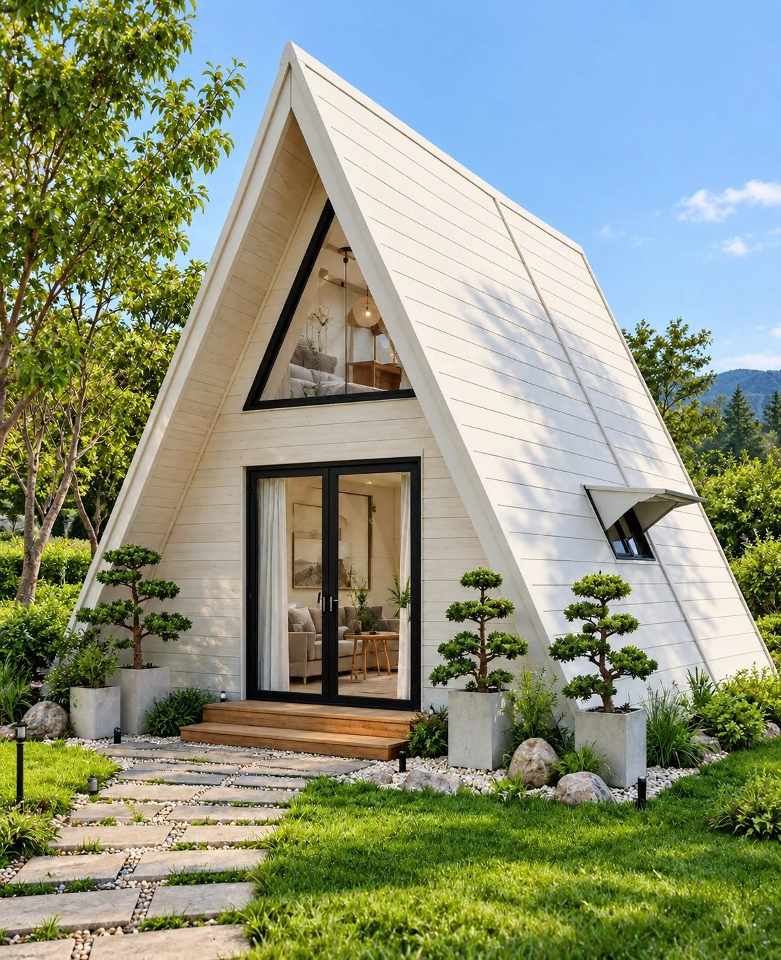 AIIA Frame, habitat Resort de 30 m² : entrée et jardin, rendu 3D