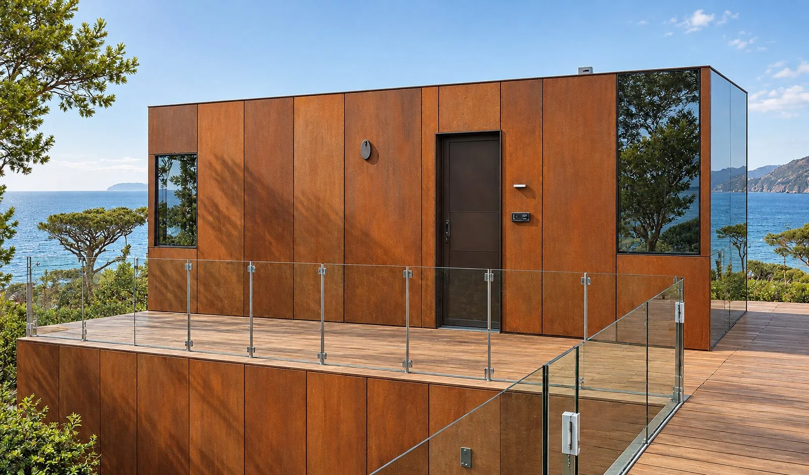 AIIA Glass, 25 m² tiny house: façade and terrace, 3D render