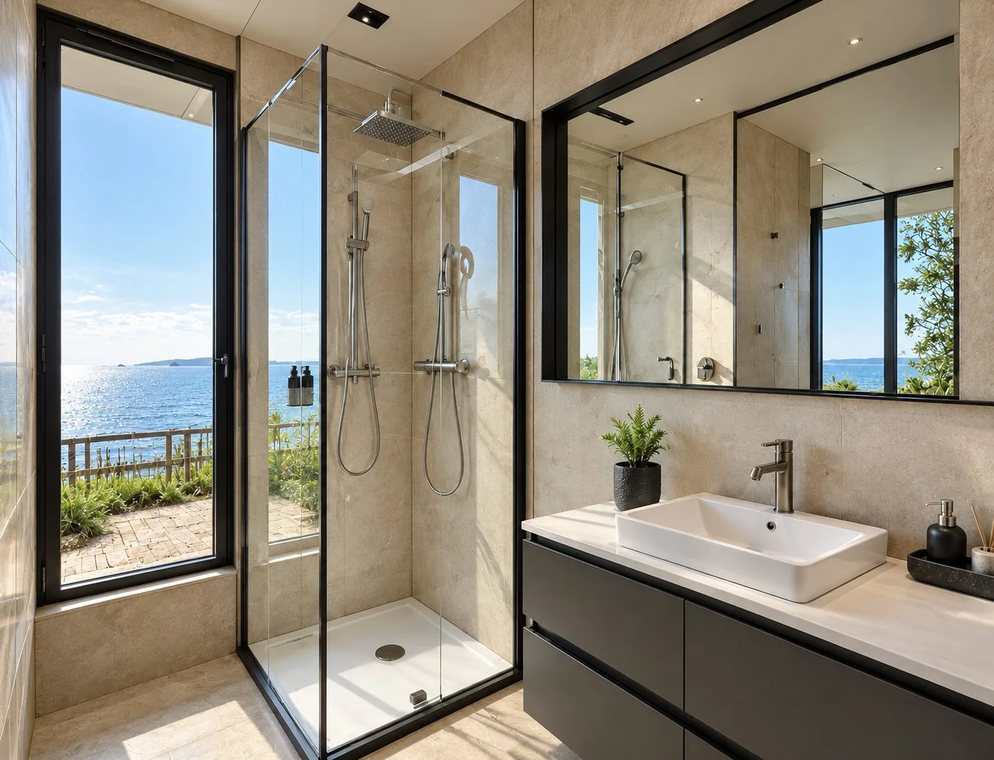 AIIA Glass, 25 m² tiny house: shower room, 3D render