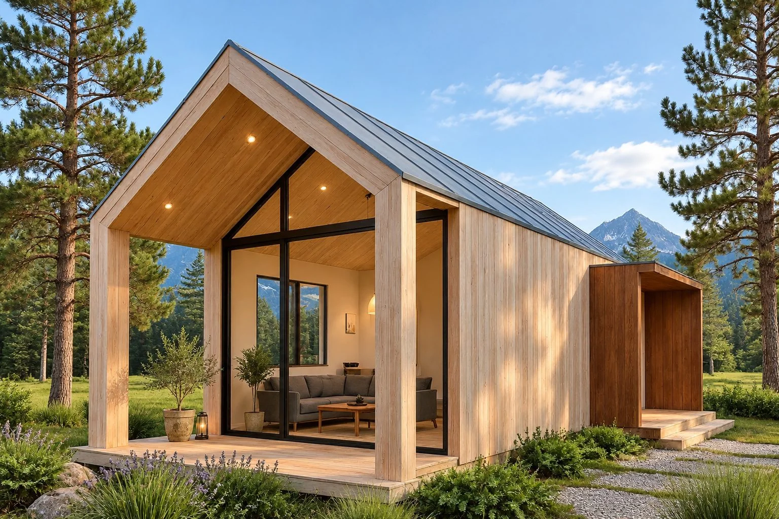 AIIA Line, maison modulaire de 40 m² : pignon vitré, rendu 3D