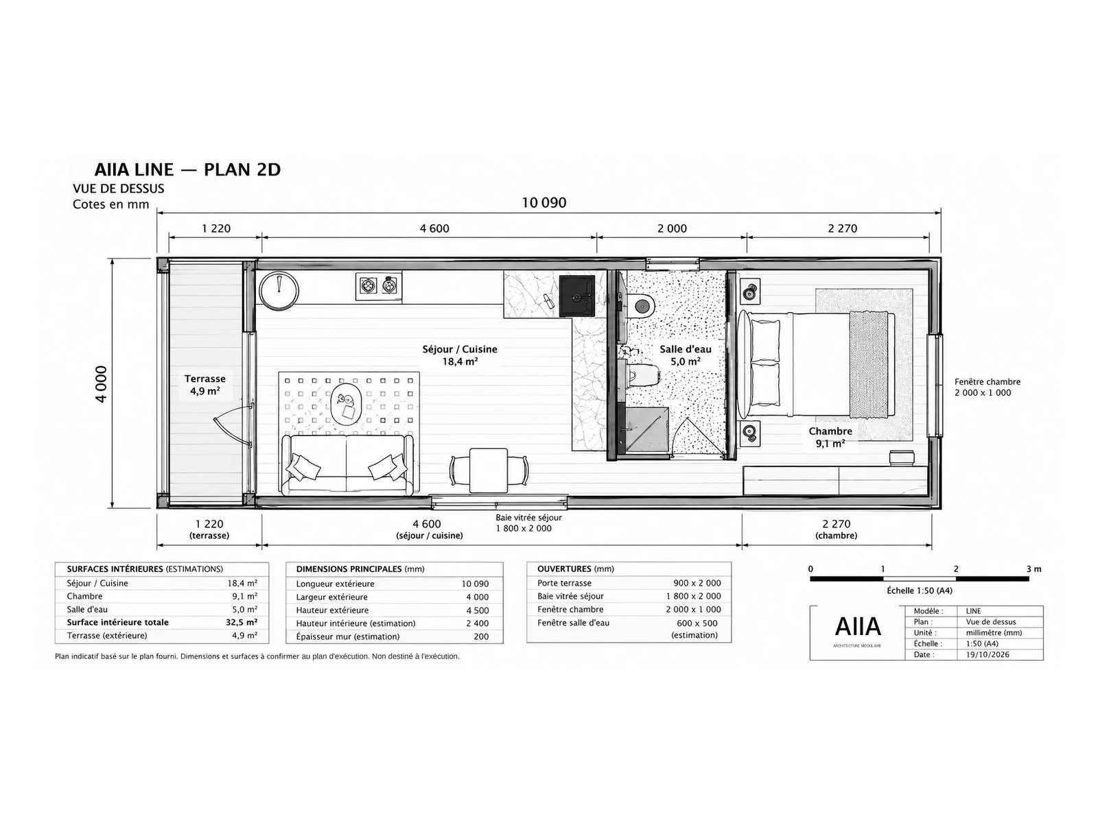 AIIA Line, maison modulaire de 40 m² : plan 2D coté avec les surfaces