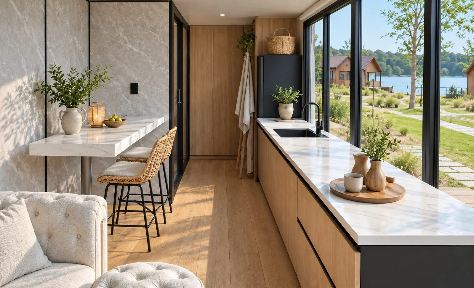 AIIA Mono, tiny house de 32 m² : cuisine et coin repas, rendu 3D