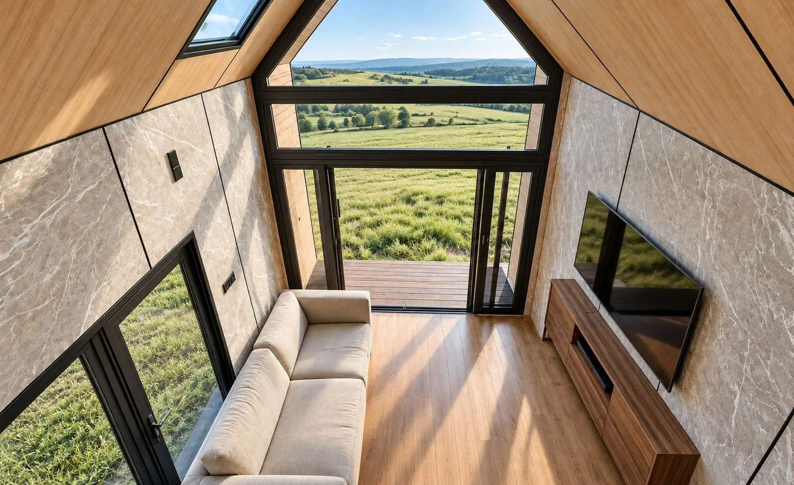 AIIA Mono, tiny house de 32 m² : salon ouvert sur la prairie, rendu 3D