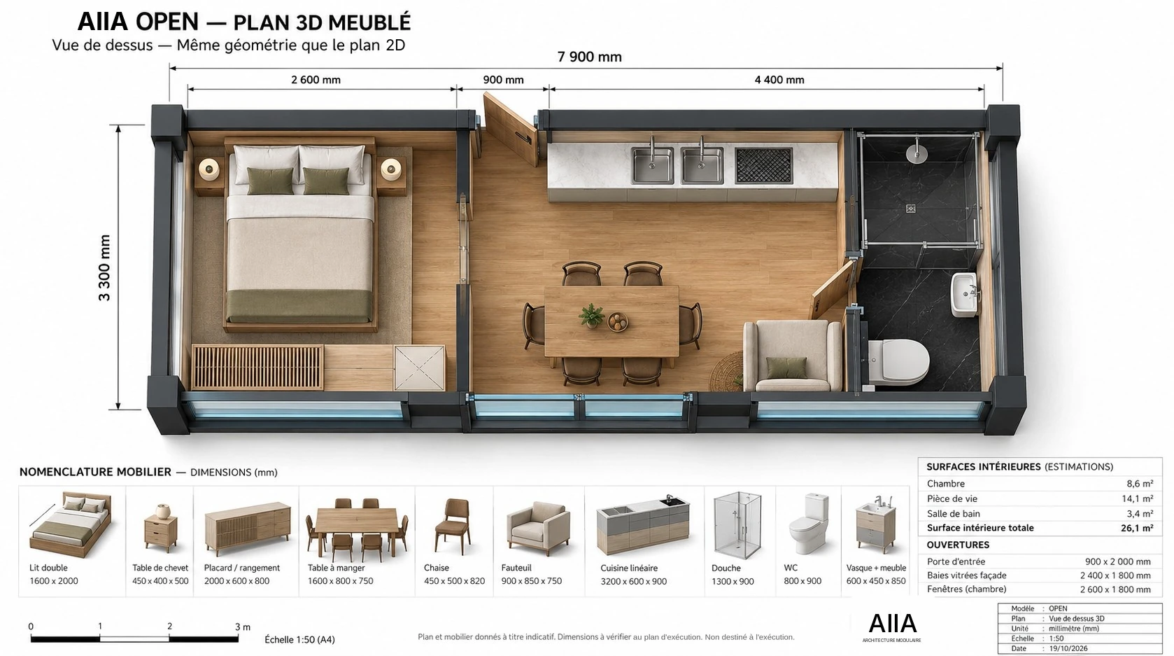 AIIA Open, tiny house de 26 m² : plan 3D meublé, vue de dessus
