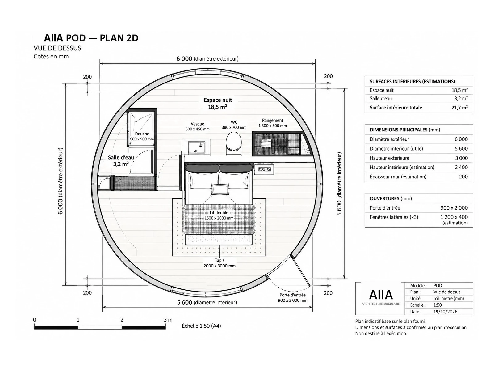 AIIA Pod, tiny house de 28 m² : plan 2D coté avec les surfaces