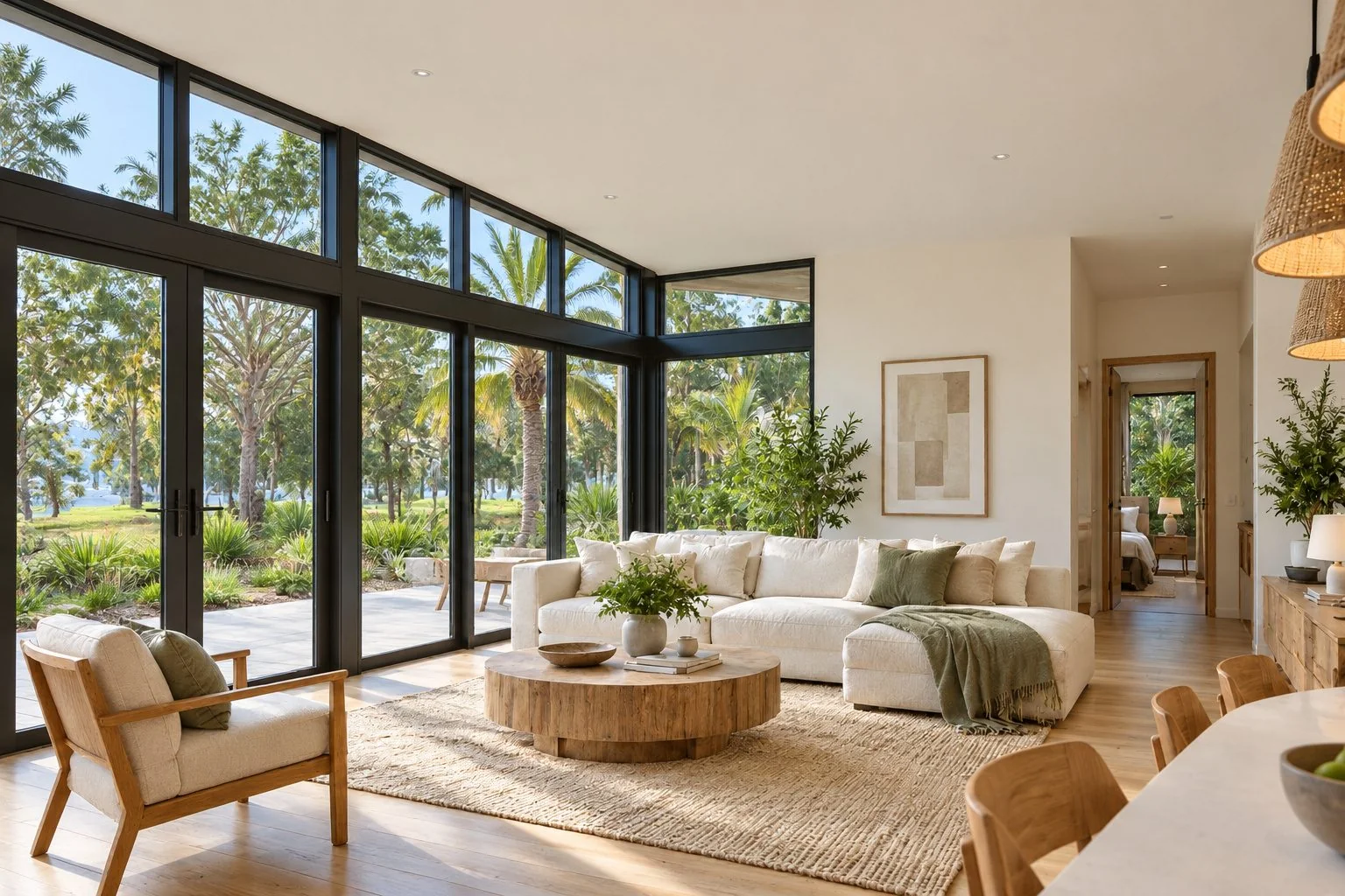 AIIA Scope, maison modulaire de 99 m² : séjour, rendu 3D