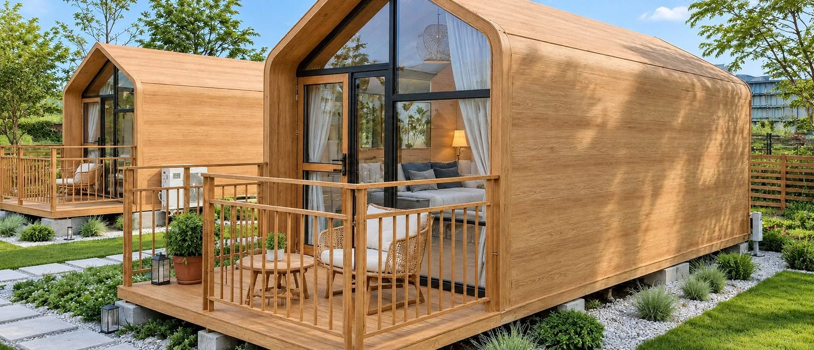 AIIA Span, tiny house de 27 m² : la terrasse, côté jardin, rendu 3D