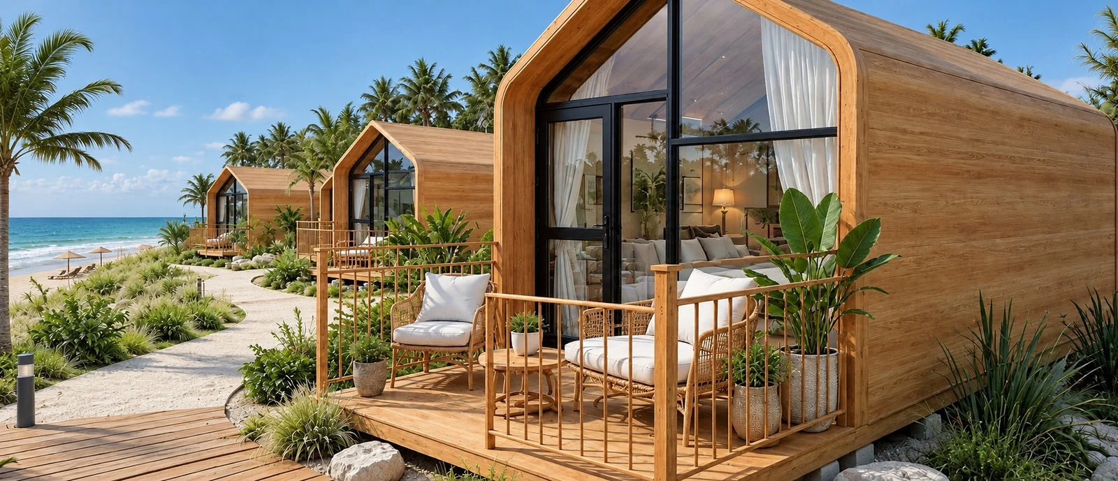 AIIA Span, tiny house de 27 m² : en bord de mer, terrasses en bois face à la plage, rendu 3D