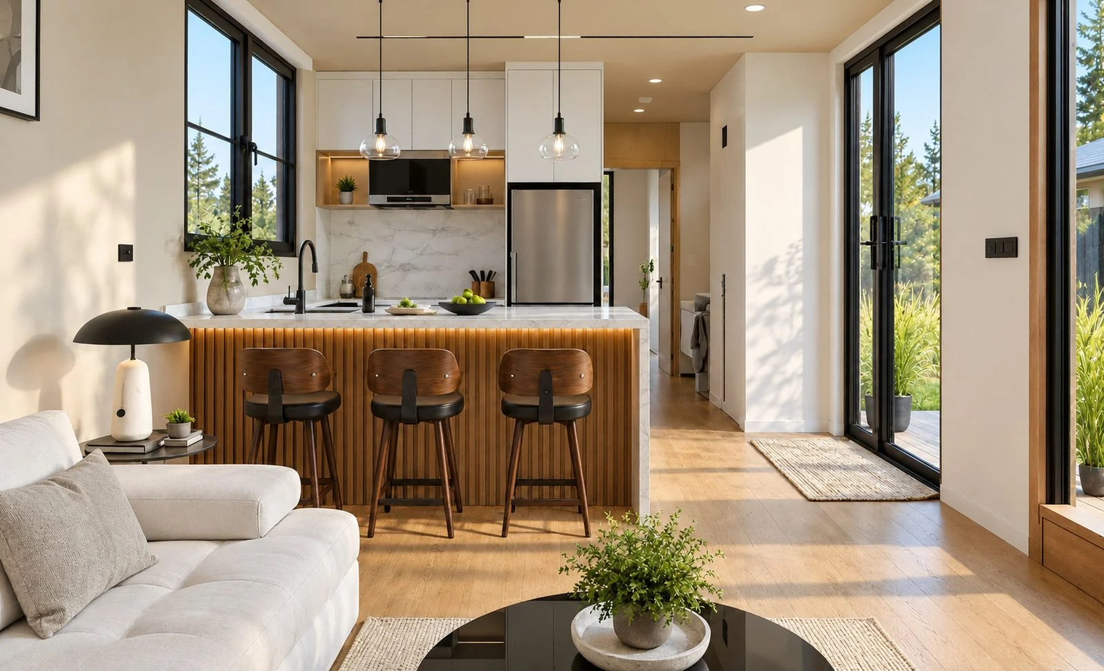 AIIA Vista, maison modulaire de 46 m² : séjour et cuisine ouverte, rendu 3D